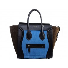 Celine Luggage Medium Tote in kalfsleer zwart/suède lichtblauw