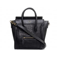 Celine Luggage Mini Tote in kalfsleer zwart met zwart krokodillenleer