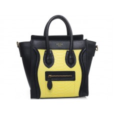 Celine Luggage Mini Tote in kalfsleer, zwart met geel slangenleer