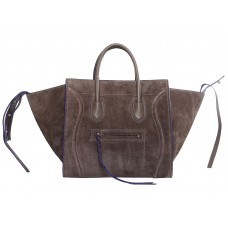 Celine Luggage Phantom Square Tote Bag van suèdeleer in kaki met blauwe accenten