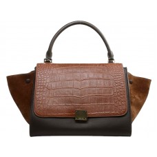 Celine Trapeze schoudertas, veelkleurig krokodillenleer, donkerbruin/khaki/suèdebruin.