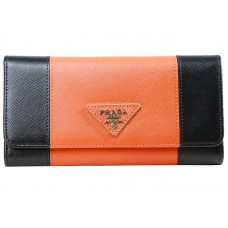 Prada Saffiano leren drievoudige portemonnee zwart met oranje accenten