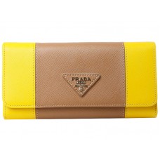 Prada Saffiano leren drievoudige portemonnee geel met kaki