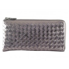 Bottega Veneta Intrecciato nappaleer portemonnee met ritssluiting rond grijs zilver