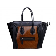 Celine Luggage Medium Tote in kalfsleer zwart / ponyhaar bruin