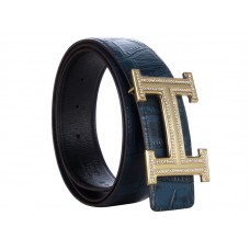 Hermes riem van krokodillenleer met gouden H-gesp en donkerblauwe diamant