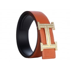 Hermes Togo leren riem met gouden H-gesp en diamanten zetting, oranje