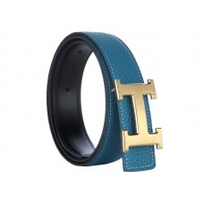 Hermes Togo leren brede riem met gouden H-gesp, blauw
