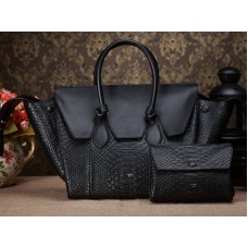 Celine Tie Nano Top Handle Bag, zwart leer met pythonprint