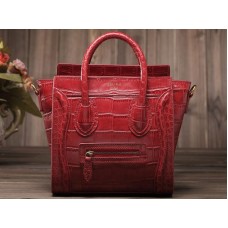 Celine Luggage Mini Tote in rood kalfsleer met rode krokodillenprint.
