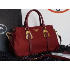 Prada Tessuto Nylon Handtas van Zacht Kalfsleer met Handvat, Bordeauxrood