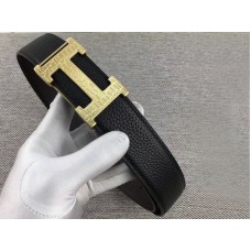 Hermes gouden H-riemgesp en omkeerbare leren riem zwart