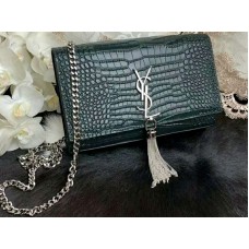 Saint Laurent Kate Medium met kwastjes, krokodillenleer, glanzend, groen