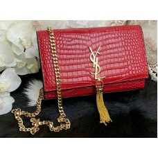 Saint Laurent Kate Medium met kwastjes, glanzend krokodillenleer, rood