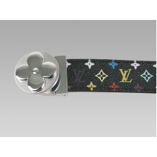 Louis Vuitton zwarte Multicolore riem met ronde bloemvormige zilverkleurige gesp