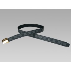Gesneden Damier Graphite riem met gouden gesp en schuin Louis Vuitton-logo.